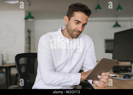 Smiling businessman working on a tablet at his office desk Stock Photo