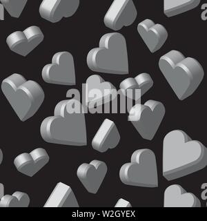Gray Color Hearts Seamless Pattern, 3D Illustration Stock Vector