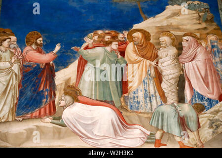 The Scrovegni Chapel. Fresco  by Giotto, 14 th century. The Raising of Lazarus.  Padua. Italy. Stock Photo