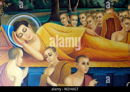 Srahchork Buddhist Monastery.   Painting depicting the life story of Shakyamuni Buddha.  The death of the Buddha, or Mahaparinirvana.  Phnom Penh. Cam Stock Photo