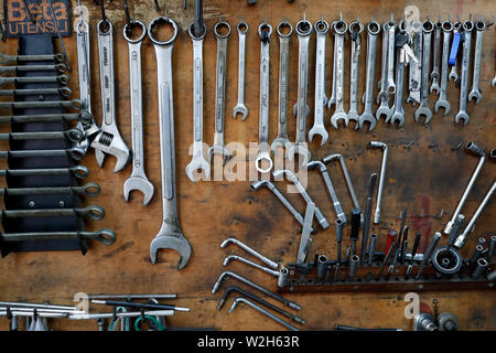 Gargae tools hanging on pegboard.   Ho Chi Minh city. Vietnam. Stock Photo