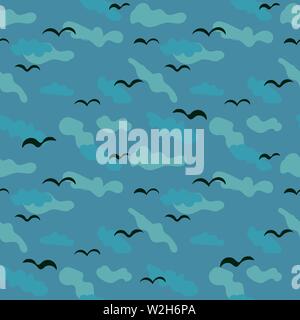 seamless vector pattern with black birds on blue cloudy background Stock Vector