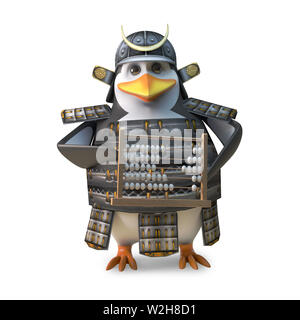 Educated Japanese penguin samurai warrior counting on an abacus, 3d illustration render Stock Photo