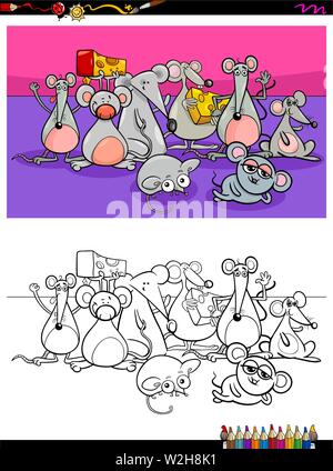 Cartoon Illustration of Funny Mice Animal Characters Coloring Book Activity Stock Vector