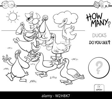 Black and White Cartoon Illustration of Educational Counting Task for Children with Duck Birds Animal Characters Group Coloring Book Stock Vector
