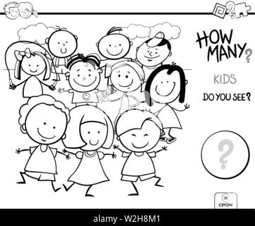 Black and White Cartoon Illustration of Educational Counting Task for Children with Happy Kids Characters Group Coloring Book Stock Vector