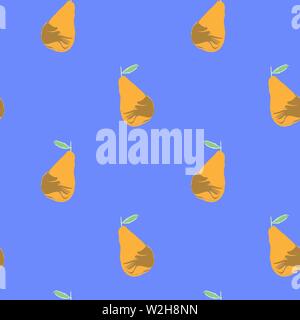 Pears - seamless pattern. Curved yellow pears on a blue background. Doodle vector drawing. Stock Vector