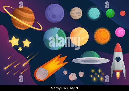 Set planet  with spaceship or rocket and galaxy vector background Stock Vector