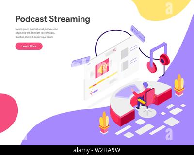 Landing page template of Podcast Streaming Isometric Illustration Concept. Isometric flat design concept of web page design for website and mobile web Stock Vector