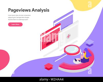 Landing page template of Pageviews Analysis Isometric Illustration Concept. Isometric flat design concept of web page design for website and mobile we Stock Vector