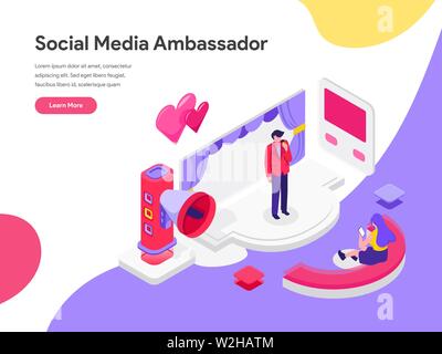Landing page template of Social Media Ambassador Illustration Concept. Isometric flat design concept of web page design for website and mobile website Stock Vector