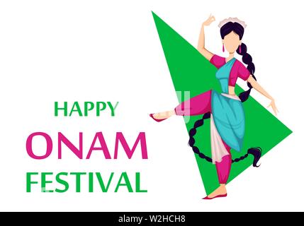 Happy Onam festival in Kerala. Indian woman dancing in traditional clothes. Vector illustration Stock Vector
