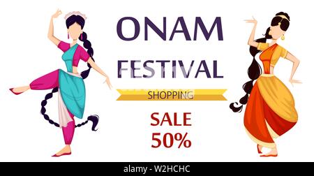 Happy Onam festival in Kerala. Two beautiful Indian women dancing in traditional clothes. Vector illustration for sale Stock Vector