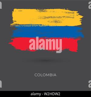 Colombia colorful brush strokes painted national country flag icon. Painted texture. Stock Vector