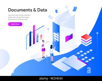Documents and Data Isometric Illustration Concept. Modern flat design concept of web page design for website and mobile website.Vector illustration EP Stock Vector