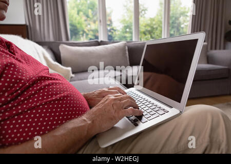 Active senior man using laptop on sofa in a comfortable home Stock Photo