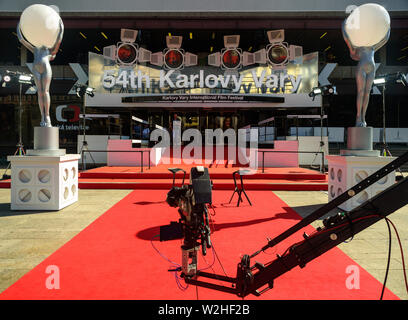 KARLOVY VARY, CZECH REPUBLIC - JULY 02, 2019: The red carpet entrance to the Hotel Thermal 54th Karlovy Vary International Film Festival is shown on J Stock Photo