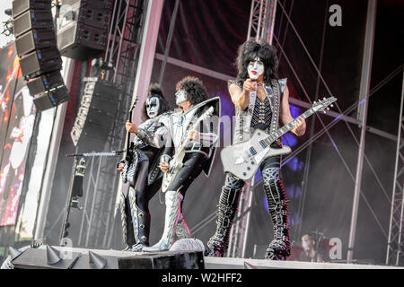 Oslo, Norway - June 27, 2019. The American rock band Kiss performs a live concert during the Norwegian music festival Tons of Rock 2019 in Oslo. Here vocalist and bass player Gene Simmons seen live on stage with guitarists Tommy Thayer and Paul Stanley. (Photo credit: Gonzales Photo - Terje Dokken). Stock Photo
