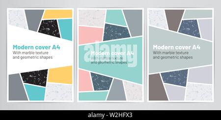 Modern vector cover A4 set with marble texture and geometric shapes. Stock Vector