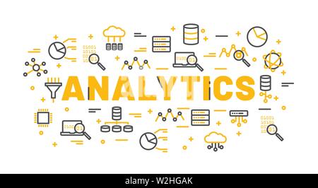 The words Analytics surrounded by icons of database, cloud computing, server, network icons. Vector background illustration. Stock Vector