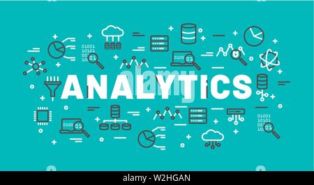 The words Analytics surrounded by icons of database, cloud computing, server, network icons. Vector background illustration. Stock Vector