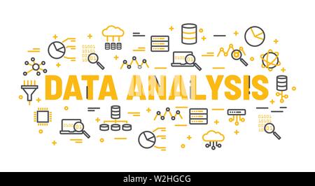 The words Data Analysis surrounded by icons of database, cloud computing, server, network icons. Vector background illustration. Stock Vector
