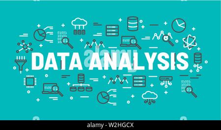 The words Data Analysis surrounded by icons of database, cloud computing, server, network icons. Vector background illustration. Stock Vector
