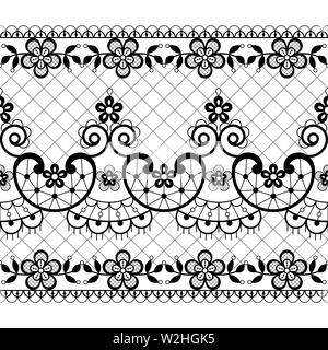 Seamless lace vector pattern - retro weddin style, ornamental repetitive design with flowers and swirls in black on white background Stock Vector