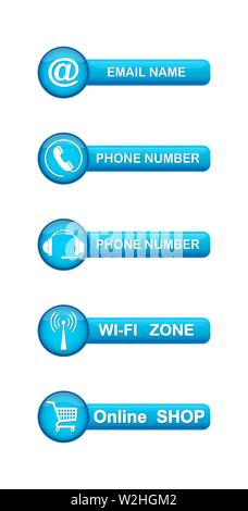 Set of blue buttons with contact symbols for websites and applications. Stock Vector