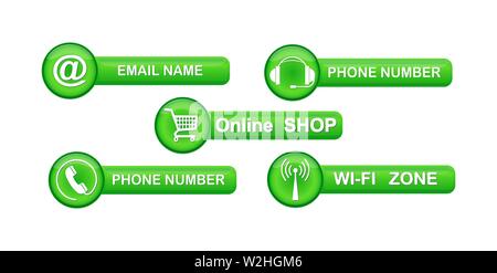 set of green buttons with contact symbols to design websites and applications. Stock Vector