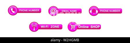 set of pink buttons with contact symbols for websites and applications. Stock Vector