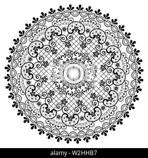 Mandala lace vector pattern, vintage round design with flowers and swirls in black on white background Stock Vector