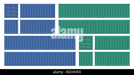 Cargo containers vector mockup on white background with side, front, back and top view. All elements in the groups on separate layers for easy editing Stock Vector