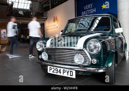 Bonn, Germany. 09th July, 2019. A mini automobile stands in the House of History in front of the entrance to the 'Very British' exhibition. The exhibition in the Haus der Geschichte deals with the German-British relationship since 1945. Credit: Federico Gambarini/dpa/Alamy Live News Stock Photo