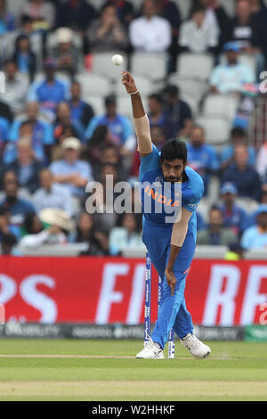 Manchester, UK. 9th July, 2019.  India's Jasprit Bumrah bowling during the ICC Cricket World Cup 2019 match between India and New Zealand at Old Trafford, Manchester on Tuesday 9th July 2019. (Credit: Mark Fletcher | MI News) Credit: MI News & Sport /Alamy Live News Stock Photo