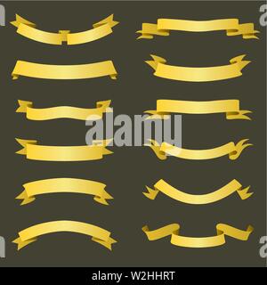 Set of golden ribbons banners. Flat design. Gold tapes. Vector illustration. - Vector Stock Vector