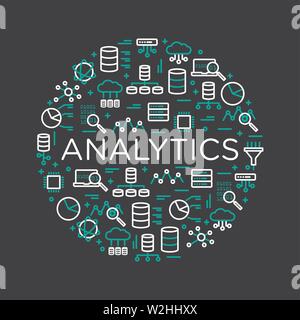 The words Analytics surrounded by icons of database, cloud computing, server, network icons. Vector background illustration. Stock Vector