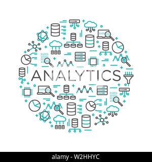 The words Analytics surrounded by icons of database, cloud computing, server, network icons. Vector background illustration. Stock Vector