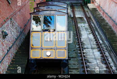 Budapest, Hungary - May 28, 2019: railroad train going up a steep mountain in Budapest Stock Photo