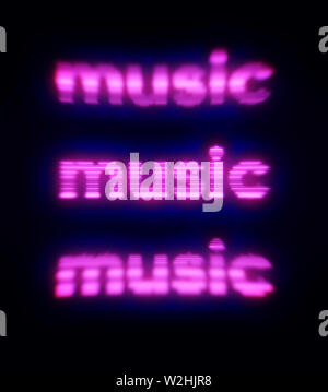 Abstract illustration of purple word music on black background. Print. Lilac neon inscription music glowing in the dark. Stock Photo