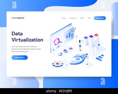 Landing page template of Data Virtualization Isometric Illustration Concept. Isometric flat design concept of web page design for website and mobile w Stock Vector