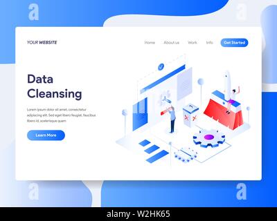 Landing page template of Data Cleansing Isometric Illustration Concept. Isometric flat design concept of web page design for website and mobile websit Stock Vector