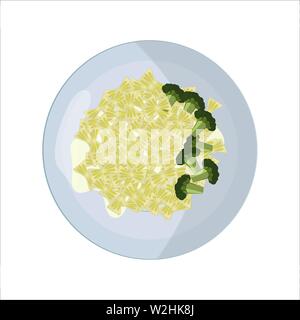 The concept of lunch, dinner. Farfalle pasta with green broccoli. Vegetables. Food on a round white plate in flat style. For icons, infographics, appl Stock Vector