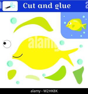 Paper stitches game for preschoolers. Puzzle - applique. Cut out and glue. Handmade to create a fish. Fish and blue bubbles. Learning card. Vector ill Stock Vector