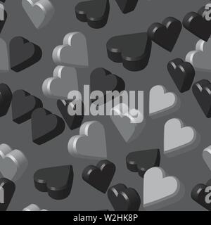 Gray Black Colors Hearts Seamless Pattern, 3D Illustration Stock Vector