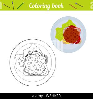 Coloring book. The concept of lunch, dinner. Sandwich with greens, vegetables, cutlet. Food on a round white plate in flat style. For icons, infograph Stock Vector