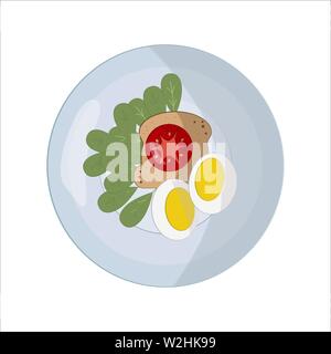 Food on a round white plate in flat style. The concept of lunch, dinner, breakfast. A piece of bread. Sandwich with red tomato and two egg halves and Stock Vector