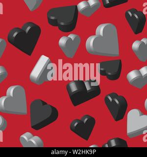 Gray Black Colors Hearts Seamless Pattern, 3D Illustration Stock Vector