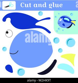 Cut out and glue. Paper stitches game for preschoolers. Puzzle - applique. Handmade to create a fish. Blue fish and bubbles. Learning card. Vector ill Stock Vector