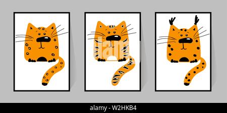 A set of three posters with wild animals. tiger, leopard, trot. Ginger cats are drawn in cartoon style with different stripes. For the design of the h Stock Vector